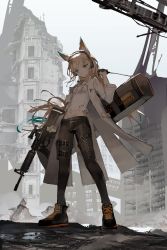 Rule 34 | 1girl, 2022, absurdres, animal ears, assault rifle, blonde hair, closed mouth, destruction, fox ears, fox girl, frown, full body, glasses, gun, headphones, highres, holding, holding gun, holding weapon, kensei (v2), lab coat, long hair, long sleeves, looking at viewer, navel, original, outdoors, rifle, rubble, shirt, shoes, solo, standing, torn clothes, torn shirt, weapon, white shirt