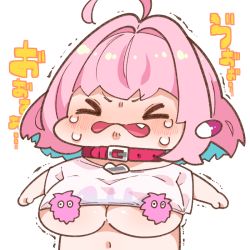 Rule 34 | &gt;o&lt;, 1girl, ahoge, animal print, blue hair, blush, breasts, censored, censored nipples, chibi, cleavage, closed eyes, collar, cropped shirt, crying, earrings, fang, fish bone, fish print, hair intakes, heart, idolmaster, idolmaster cinderella girls, jewelry, large breasts, motion lines, multicolored hair, navel, no bra, novelty censor, open mouth, outstretched arms, pill earrings, pink collar, pink hair, raised eyebrows, shirt, short hair, short sleeves, simple background, solo, t-shirt, takato kurosuke, trembling, two-tone hair, underboob, upper body, white background, yumemi riamu