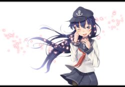 Rule 34 | 10s, 1girl, akatsuki (kancolle), anchor symbol, blouse, blue skirt, cowboy shot, flat cap, fonde ringo, happy tears, hat, jewelry, kantai collection, letterboxed, long sleeves, looking at viewer, md5 mismatch, neckerchief, pantyhose, petals, pleated skirt, purple eyes, purple hair, red neckerchief, resolution mismatch, ring, sailor collar, school uniform, serafuku, shirt, simple background, skirt, solo, source smaller, tears, wedding band, white background