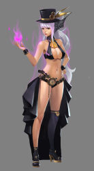 Rule 34 | 00s, 1girl, absurdres, bare shoulders, belt, boots, breasts, chain, cleavage, collarbone, dungeon and fighter, full body, hand on own hip, hat, high heel boots, high heels, highres, light purple hair, long hair, looking at viewer, magic, midfinger, navel, necromancer (dungeon and fighter), red eyes, simple background, skindentation, solo, standing, steampunk, thief (dungeon and fighter), top hat, white background