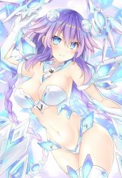 Rule 34 | 1girl, bare shoulders, blue eyes, blush, boots, braid, breasts, choujigen game neptune the animation, cleavage, commentary request, cowboy shot, elbow gloves, gloves, groin, hair ornament, highres, hip focus, kazuneko (wktk1024), large breasts, looking at viewer, navel, neptune (series), power symbol, power symbol-shaped pupils, purple hair, purple heart (neptunia), smile, solo, symbol-shaped pupils, thigh boots, thighhighs, twin braids, twintails, wings
