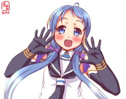 Rule 34 | 1girl, :d, ahoge, alternate hairstyle, black gloves, blue eyes, blue hair, bow, commentary request, cosplay, dated, elbow gloves, gloves, hair bow, hair ribbon, kanon (kurogane knights), kantai collection, long hair, looking at viewer, low twintails, open mouth, ribbon, samidare (kancolle), simple background, sketch, smile, solo, suzukaze (kancolle), suzukaze (kancolle) (cosplay), twintails, white background