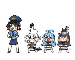Rule 34 | 4girls, :&lt;, alicemuyuki, anger vein, ball and chain restraint, baton (weapon), belt, bird, black hair, blue eyes, blue hair, blue necktie, blue skirt, blunt bangs, blush stickers, chibi, commentary, crying, crying with eyes open, duck, english commentary, fins, fish tail, gawr gura, gradient hair, hat, highres, hololive, hololive english, hololive indonesia, kobo kanaeru, long hair, long sleeves, multicolored hair, multiple girls, necktie, ninomae ina&#039;nis, oozora subaru, open mouth, orange hair, police, police hat, police uniform, policewoman, prison clothes, purple hair, shark girl, shark tail, short hair, sidelocks, simple background, skirt, streaked hair, subaru duck, sunglasses, sweatdrop, tail, takodachi (ninomae ina&#039;nis), tears, tentacle hair, two side up, uniform, virtual youtuber, weapon, whistle, white background, white hair