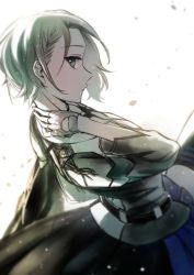 Rule 34 | 1girl, belt, black belt, black jacket, black thighhighs, blue skirt, blurry, braid, closed mouth, depth of field, epaulettes, expressionless, falling petals, fingerless gloves, from side, gloves, green hair, grey gloves, hand on own neck, hand up, highres, jacket, knee up, light particles, long sleeves, looking at viewer, looking to the side, minase suzu, miniskirt, petals, pleated skirt, profile, purple eyes, see-through, short hair, shoujo kageki revue starlight, sideways glance, simple background, single braid, sitting, skirt, solo, tareko, thighhighs, waist cape, white background, white jacket