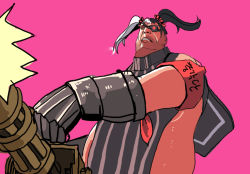 Rule 34 | 1boy, blade &amp; soul, gun, heavy (tf2), male focus, parody, pohwaran, simple background, solo, team fortress 2, twintails, weapon