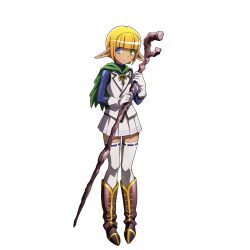 Rule 34 | 1boy, blonde hair, blue eyes, blunt bangs, boots, brown footwear, dark elf, elf, gloves, green eyes, heterochromia, holding, holding staff, mare bello fiore, official art, overlord (maruyama), pleated skirt, pointy ears, short hair, skirt, solo, staff, thighhighs, white gloves