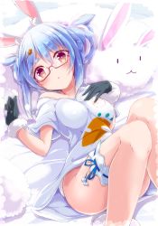Rule 34 | 1girl, absurdres, alternate costume, alternate hairstyle, animal ear fluff, animal ears, bare legs, bespectacled, blue hair, blush, bottomless, breasts, bridal garter, commentary request, glasses, gloves, hair ornament, hairclip, highres, hololive, light purple hair, looking at viewer, lying, medium breasts, multicolored hair, nanaume (shichimi tougarashi), on back, rabbit, rabbit ears, rabbit girl, rabbit tail, shirt, solo, tail, thick eyebrows, two-tone hair, usada pekora, virtual youtuber, yellow eyes