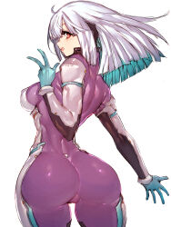 Rule 34 | 1girl, armor, ass, bodysuit, breasts, character request, contrapposto, copyright request, from side, fumio (rsqkr), gloves, green gloves, highres, looking at viewer, looking back, partially visible vulva, purple bodysuit, shoulder armor, small breasts, white hair, wide hips