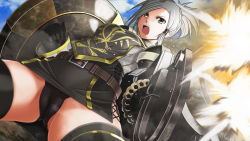 Rule 34 | armor, belt, black panties, capcom, character request, grey hair, monster hunter, monster hunter (series), monster hunter frontier, open mouth, panties, solo, thighhighs, underwear, v-mag, weapon, yellow eyes