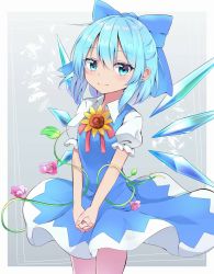 Rule 34 | 1girl, blue dress, blue eyes, blue hair, blush, bow, cirno, commentary request, cowboy shot, dress, flower, gradient background, grey background, hair between eyes, hair bow, highres, interlocked fingers, iyo (ya na kanji), looking at viewer, morning glory, own hands clasped, own hands together, pinafore dress, plant, puffy short sleeves, puffy sleeves, shirt, short hair, short sleeves, sleeveless dress, smile, solo, standing, sunflower, tanned cirno, touhou, v arms, vines, white shirt, wing collar, wings