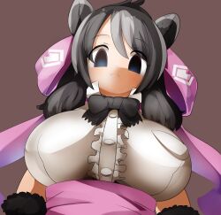 Rule 34 | 1girl, animal ears, bear ears, bear girl, bergman&#039;s bear (kemono friends), black bow, black bowtie, black hair, blush, bow, bowtie, breasts, brown background, buttons, center frills, commentary request, empty eyes, frills, frown, grey hair, hair bow, highres, kemono friends, large breasts, lets0020, long hair, looking at viewer, medium bangs, multicolored hair, pink bow, pink sash, popped collar, sash, shirt, simple background, solo, two-tone hair, upper body, white shirt