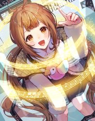 Rule 34 | 1girl, absurdres, ahoge, alice fiction, amadeus (alice fiction), bag, bird, blush, brown hair, flamingo, handbag, highres, long hair, long sleeves, looking up, low twintails, misty cj, open mouth, orange eyes, pointing, skirt, smile, solo, twintails