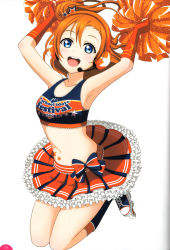 Rule 34 | 10s, 1girl, absurdres, artist request, blue eyes, blush, boots, cheerleader, elbow gloves, frilled skirt, frills, gloves, headset, highres, jumping, kosaka honoka, looking at viewer, love live!, love live! school idol festival, love live! school idol project, midriff, non-web source, official art, open mouth, orange hair, pom pom (cheerleading), roller skates, scan, shirt, side ponytail, simple background, skates, skirt, smile, solo, stage, star (symbol), strapless, takaramonozu, tattoo, tube top, white background
