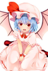 Rule 34 | 1girl, bad id, bad pixiv id, bat wings, blouse, blue hair, blush, bow, bowtie, circle skirt, collared shirt, commentary, fangs, flower, frilled skirt, frilled sleeves, frills, from above, hair bow, hands on lap, hat, highres, jewelry, lace-trimmed cuffs, lace trim, long skirt, looking at viewer, looking up, medium hair, mob cap, nnyara, open mouth, own hands together, pendant, pink hat, pink shirt, pink skirt, puffy short sleeves, puffy sleeves, red eyes, red footwear, remilia scarlet, ribbon-trimmed blouse, ribbon-trimmed headwear, ribbon-trimmed skirt, ribbon-trimmed sleeves, ribbon trim, rose, shirt, short sleeves, signature, simple background, sitting, skirt, skirt set, slit pupils, solo, touhou, tsurime, v arms, wariza, white background, wings, wrist cuffs