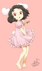 Rule 34 | 1girl, animal ears, barefoot, black hair, carrot, child, feet, female focus, highres, inaba tewi, jewelry, ohyo, pendant, rabbit ears, rabbit girl, rabbit tail, red eyes, short hair, solo, tail, touhou