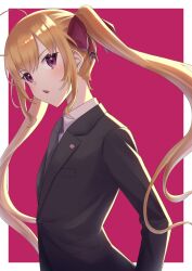 Rule 34 | 1girl, absurdres, alternate breast size, black jacket, blonde hair, border, collared shirt, formal, from side, grey necktie, highres, jacket, long hair, looking at viewer, looking to the side, necktie, nijisanji, purple background, red eyes, shirt, simple background, solo, suit, takamiya rion, taryo, twintails, upper body, virtual youtuber, white border, white shirt