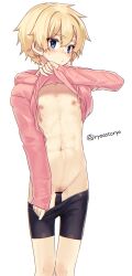 Rule 34 | 1girl, abs, bar censor, bike shorts, black shorts, blonde hair, blue eyes, blush, censored, clothes lift, clothes pull, commentary request, flat chest, hair between eyes, hood, hood down, hoodie, iris (ryou@ryou), lifted by self, long sleeves, navel, nipples, original, pink hoodie, pussy, ryou@ryou, short hair, shorts, shorts pull, simple background, sleeves past wrists, solo, sweatdrop, thick eyebrows, torso flash, twitter username, white background