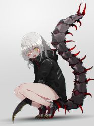 Rule 34 | 1girl, absurdres, blush, bug, centipede, eyes visible through hair, gradient background, highres, holding, holding knife, holding weapon, knife, mechanical tail, medium hair, oota youjo, open mouth, original, smile, solo, squatting, tail, teeth, upper teeth only, weapon, white hair, yellow eyes
