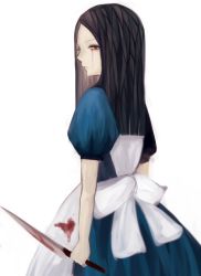 Rule 34 | 1girl, alice: madness returns, alice (alice in wonderland), alice in wonderland, alice liddell (american mcgee&#039;s alice), american mcgee&#039;s alice, apron, black hair, blood, closed mouth, dress, knife, long hair, looking at viewer, simple background, solo, white background