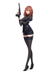 Rule 34 | 1girl, absurdres, artist request, bad source, black footwear, black gloves, black shorts, black survival, black thighhighs, breasts, gloves, gun, hair between eyes, hands up, high heels, highres, holding, holding gun, holding weapon, long sleeves, looking at viewer, medium breasts, medium hair, nail polish, official art, orange eyes, orange hair, parted lips, partially fingerless gloves, puffy sleeves, red nails, see-through, see-through sleeves, shorts, simple background, solo, standing, thighhighs, tran quynh mai, transparent background, weapon