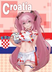 Rule 34 | 1girl, 2022 fifa world cup, alternate costume, alternate hair color, ball, breast press, breasts, clothing cutout, cowboy shot, croatia, croatian flag, crop top, hatsune miku, highres, holding, holding ball, jokanhiyou, large breasts, linea alba, long hair, looking at viewer, midriff, miniskirt, navel, shoulder cutout, skindentation, skirt, smile, soccer, solo, standing, thigh strap, thighs, very long hair, vocaloid, world cup