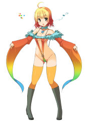 Rule 34 | 1girl, ahoge, blonde hair, blush, boots, breasts, color guide, crimson qurupeco, full body, fur collar, gluteal fold, gradient clothes, gradient hair, green eyes, grey footwear, jewelry, long sleeves, monster hunter (series), multicolored hair, musical note, navel, necklace, o-ring, ohta yuichi, open mouth, orange thighhighs, personification, rainbow gradient, short hair, simple background, slingshot swimsuit, solo, standing, swimsuit, thighhighs, white background, wide sleeves
