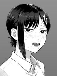 Rule 34 | 1girl, blush, chainsaw man, collared shirt, commentary request, crying, crying with eyes open, grey background, greyscale, hair ornament, hairclip, higashiyama kobeni, highres, koma neko, looking at viewer, mole, mole under eye, mole under mouth, monochrome, multiple moles, open mouth, portrait, saliva, shirt, short hair, short ponytail, sidelocks, simple background, snot, solo, tears, teeth