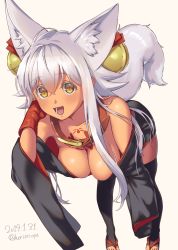 Rule 34 | 1girl, :3, :d, animal ear fluff, animal ears, bare shoulders, bell, bent over, black kimono, black thighhighs, blush, bodypaint, breasts, cleavage, collar, dark-skinned female, dark skin, dated, fox ears, fox girl, fox tail, geta, gloves, hair bell, hair between eyes, hair ornament, herio, japanese clothes, jingle bell, kimono, large breasts, leaning forward, long hair, looking at viewer, no bra, off shoulder, open mouth, original, oversized object, red gloves, short kimono, silver hair, slit pupils, smile, solo, tail, thighhighs, toeless legwear, twitter username, very long hair, yellow eyes