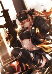 Rule 34 | 1girl, arm up, artist name, black bra, black footwear, black gloves, black jacket, black ribbon, black skirt, black thighhighs, boots, bra, breasts, brown hair, collarbone, collared shirt, commentary request, cross-laced footwear, dress shirt, fingerless gloves, girls&#039; frontline, gloves, gun, h&amp;k ump, hair between eyes, hair ornament, hair ribbon, hairclip, highres, holding, holding gun, holding weapon, jacket, lace-up boots, long hair, long sleeves, looking at viewer, medium breasts, name connection, nekoya (liu), object namesake, one side up, open clothes, open jacket, parted lips, pleated skirt, puffy long sleeves, puffy sleeves, red eyes, ribbon, shirt, signature, skirt, smile, solo, thighhighs, torn clothes, torn shirt, torn skirt, torn thighhighs, ump9 (girls&#039; frontline), ump9 (mod3) (girls&#039; frontline), underwear, very long hair, weapon, white shirt