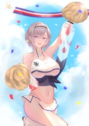 Rule 34 | 1girl, :d, absurdres, arm up, armlet, armpits, azur lane, bare shoulders, belt bra, black hairband, blue sky, blush, boots, breasts, cheerleader, cloud, commentary, confetti, cowboy shot, crop top, crop top overhang, day, eagle union (emblem), grey hair, groin, hair between eyes, hairband, highres, holding, holding pom poms, knee boots, large breasts, looking at viewer, manjuu (azur lane), midriff, miniskirt, navel, nose, open mouth, pappap, parted hair, pom pom (cheerleading), pom poms, purple eyes, purple sash, reno (azur lane), reno (biggest little cheerleader) (azur lane), sash, see-through, see-through skirt, see-through sleeves, shirt, short hair, sidelocks, skirt, sky, sleeveless, smile, solo, standing, standing on one leg, underboob, white footwear