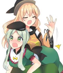 Rule 34 | black headwear, blonde hair, blush, bow, breasts, commentary request, detached sleeves, dress, green dress, green eyes, green hair, hat, highres, long hair, long sleeves, matara okina, medium breasts, nose blush, open mouth, orange sleeves, orange tabard, ougi hina, pink ribbon, puffy short sleeves, puffy sleeves, ribbon, shirt, short hair with long locks, short sleeves, simple background, small breasts, spanking, tabard, tears, teireida mai, touhou, white background, white shirt, yellow bow
