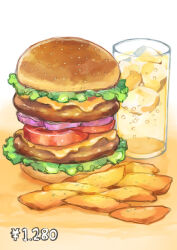 Rule 34 | absurdres, bun (food), burger, cheese, cup, drink, food, food focus, hasegawa (morebeer), highres, ice, ice cube, lettuce, meat, no humans, onion, original, price, still life, tomato, tomato slice