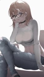 Rule 34 | absurdres, black choker, breasts, char (vtuber), choker, collarbone, collared shirt, commentary, commission, crossed legs, denim, english commentary, glasses, grey eyes, hair behind ear, hand on own face, highres, indie virtual youtuber, jeans, leaning forward, long hair, medium breasts, midriff, navel, orange hair, pants, second-party source, shirt, sitting, skeb commission, solo, virtual youtuber, white shirt, youichi (45 01)