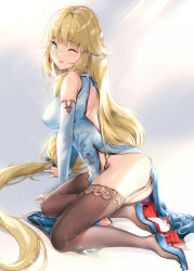 Rule 34 | 1girl, absurdly long hair, arm support, ass, aurora (azur lane), aurora (the tale of spring) (azur lane), azur lane, back cutout, backless dress, backless outfit, bare shoulders, between legs, black panties, blonde hair, blue dress, blue footwear, blush, breasts, brown thighhighs, clothing cutout, cosplay, detached sleeves, dress, full body, garter straps, green eyes, hair flaps, high heels, highres, lace, lace-trimmed legwear, lace trim, large breasts, long dress, long hair, long sleeves, looking at viewer, looking back, low-tied long hair, one eye closed, panties, pelvic curtain, shoes, side slit, sitting, solo, thighhighs, thong, underwear, very long hair, wince, xin (zinc), yokozuwari