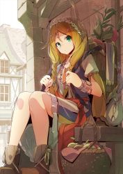 Rule 34 | 1girl, :o, ankle boots, basket, beads, blonde hair, boots, bracelet, braid, brick wall, brown footwear, building, circlet, crack, cropped jacket, drawstring bag, dress, floral print, food, from below, fruit, green eyes, hair over shoulder, half-timbered, highres, hood, jewelry, long hair, looking at viewer, necklace, original, outdoors, shade, sitting, sky, solo, tomioka jirou, towel, twin braids, vegetable, white sky