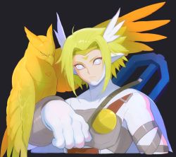 Rule 34 | 1boy, animal on arm, armor, bird, bird on arm, black background, blonde hair, bodysuit, bow (weapon), breastplate, cape, circlet, closed mouth, commentary, covered collarbone, crossbow, digimon, digimon (creature), english commentary, facial mark, frown, highres, leather belt, looking at viewer, male focus, medium hair, no headwear, parted bangs, rae (hexedwithluck), sidelocks, simple background, upper body, valkyrimon, weapon, weapon on back, white bodysuit, white cape, white eyes, wing hair ornament