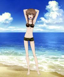 Rule 34 | 1girl, ;d, absurdres, amane suzuha, armpits, arms behind head, bandeau, barefoot, beach, bikini, blush, braid, camouflage, camouflage bikini, cloud, day, feet, green eyes, highres, legs, non-web source, ocean, official art, one eye closed, open mouth, outdoors, sky, smile, solo, steins;gate, swimsuit, twin braids, water, wink