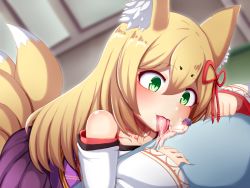 Rule 34 | 1boy, 1girl, animal ear fluff, animal ears, bare shoulders, blonde hair, blush, breasts, commentary request, cum, detached sleeves, fox ears, fox tail, giant, giantess, green eyes, hair ornament, hair ribbon, highres, indoors, japanese clothes, kitsune, licking, long hair, luka (mon-musu quest!), male masturbation, masturbation, mini person, miniboy, mon-musu quest!, monster girl, multiple tails, nude, raichi (ddq0246), ribbon, slit pupils, smile, tail, tamamo (mon-musu quest!), tattoo, tongue, tongue out, wide sleeves