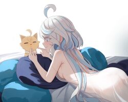Rule 34 | 1girl, aether (genshin impact), ahoge, alternate costume, animalization, ass, backboob, bare back, bare shoulders, bed, bed sheet, blue eyes, breasts, cat, commentary request, dress, furina (genshin impact), genshin impact, hair between eyes, highres, long hair, looking at another, low twintails, lying, medium breasts, mockingeu, multicolored hair, on stomach, pajamas, pillow, see-through, sideboob, sidelocks, simple background, sleeveless, spaghetti strap, streaked hair, twintails, two-tone hair, wavy hair, white background, white dress, white hair
