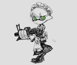 Rule 34 | .52 gal (splatoon), 1boy, apron, bow, closed mouth, crossdressing, frills, green eyes, greyscale, gun, holding, holding gun, holding weapon, inkling, inkling boy, inkling player character, maid apron, maid headdress, male focus, monochrome, nintendo, pointy ears, shoes, short hair, simple background, solo, spl8ya, splatoon (series), spot color, standing, tentacle hair, weapon, white background