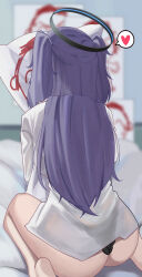 Rule 34 | 1girl, absurdres, doodle sensei (blue archive), ass, barefoot, black panties, blue archive, collared shirt, dakimakura (object), dress shirt, from behind, halo, heart, highres, indoors, long hair, long sleeves, mcbox, no pants, object kiss, panties, pillow, purple hair, sensei (blue archive), shirt, sitting, solo, spoken heart, two side up, underwear, wariza, white shirt, yuuka (blue archive)