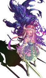 Rule 34 | 1girl, armor, bare shoulders, blonde hair, blue eyes, bow, bravely default: flying fairy, bravely default (series), brooch, detached sleeves, dissolving, dress, dual wielding, edea lee, from above, gauntlets, glowing, glowing eye, hair bow, hairband, helmet, highres, holding, imosen, jewelry, katana, long hair, looking away, pantyhose, serious, shadow, sidelocks, summoning, susano-o, susanoo (bravely default), sword, torn clothes, weapon