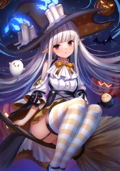 Rule 34 | 1girl, ascot, ass, azur lane, bat (animal), bird, blue fire, blunt bangs, bow, bowtie, broom, broom riding, candle, cape, chick, commentary request, detached sleeves, erebus (azur lane), erebus (wardrobe witchery) (azur lane), fire, flying, frilled skirt, frilled sleeves, frills, garter straps, ghost, halloween, halloween costume, hat, jack-o&#039;-lantern, long hair, long sleeves, looking at viewer, manda (manda9n), manjuu (azur lane), night, night sky, official alternate costume, parted lips, pointy ears, pumpkin, red eyes, sidelocks, skirt, sky, slit pupils, star (sky), starry sky, striped clothes, striped thighhighs, thighhighs, white hair, witch hat