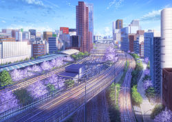 Rule 34 | blurry, brand name imitation, building, cherry blossoms, cityscape, cloud, commentary request, day, niko p, no humans, original, railroad tracks, real world location, revision, road, scenery, shadow, shinjuku (tokyo), sky, spring (season), street, tokyo (city), train station, tree