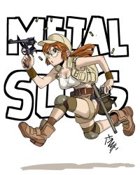 Rule 34 | 1girl, belt, boots, breasts, cleavage, commentary request, copyright name, fio germi, full body, glasses, gun, handgun, hiroe rei, knee pads, large breasts, metal slug, pistol, ponytail, red hair, reloading, revolver, shadow, shorts, signature, speedloader, tonfa, vest, weapon
