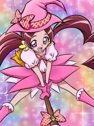 Rule 34 | 10s, 1girl, absurdres, arudebido, boots, bow, broom, broom riding, full body, gloves, hanasaki tsubomi, hat, hat bow, heartcatch precure!, highres, long hair, looking at viewer, multicolored background, pink footwear, pink gloves, pink hat, pink skirt, plaid, plaid bow, precure, red eyes, red hair, skirt, smile, solo, sparkle, twintails, witch hat