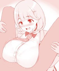 Rule 34 | 10s, 1boy, 1girl, :d, blush, breasts, clothed sex, gradient background, hair ornament, hairclip, heart, heart-shaped pupils, heart hair ornament, hetero, huge breasts, jpeg artifacts, monochrome, narusawa ryouka, occultic;nine, open mouth, paizuri, paizuri under clothes, smile, spread legs, symbol-shaped pupils, uni8, white background