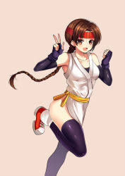 Rule 34 | 1girl, ass, black gloves, black thighhighs, blush, braid, breasts, brown eyes, brown hair, collarbone, edboy, elbow gloves, fingerless gloves, gloves, highres, large breasts, long hair, looking at viewer, open mouth, red footwear, shoes, single braid, smile, sneakers, solo, the king of fighters, the king of fighters xv, thighhighs, thighs, v, yuri sakazaki