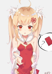Rule 34 | 1girl, ?, absurdres, ahoge, alternate costume, azur lane, bare shoulders, blonde hair, bow, breasts, china dress, chinese clothes, covered navel, dress, eldridge (azur lane), envelope, facial mark, fur trim, grey background, hair bow, hair ornament, highres, long hair, looking at viewer, parted lips, pelvic curtain, red dress, sakutaishi, seiza, side slit, simple background, sitting, sleeveless, sleeveless dress, small breasts, solo, twintails, very long hair