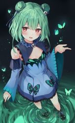 Rule 34 | 1girl, animal, bare shoulders, black footwear, blue dress, blue sleeves, blush, bug, butterfly, commentary request, detached sleeves, double bun, dress, frilled dress, frills, full body, green hair, hair bun, hair ornament, hand up, highres, hololive, insect, juliet sleeves, long sleeves, looking at viewer, open mouth, puffy sleeves, racchi., red eyes, shoes, skull hair ornament, sleeveless, sleeveless dress, sleeves past wrists, solo, standing, uruha rushia, uruha rushia (1st costume), virtual youtuber, wide sleeves